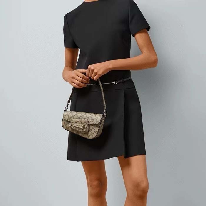 Gucci Women Gucci Horsebit 1955 Mini Shoulder Bag Beige Ebony GG Supreme Canvas