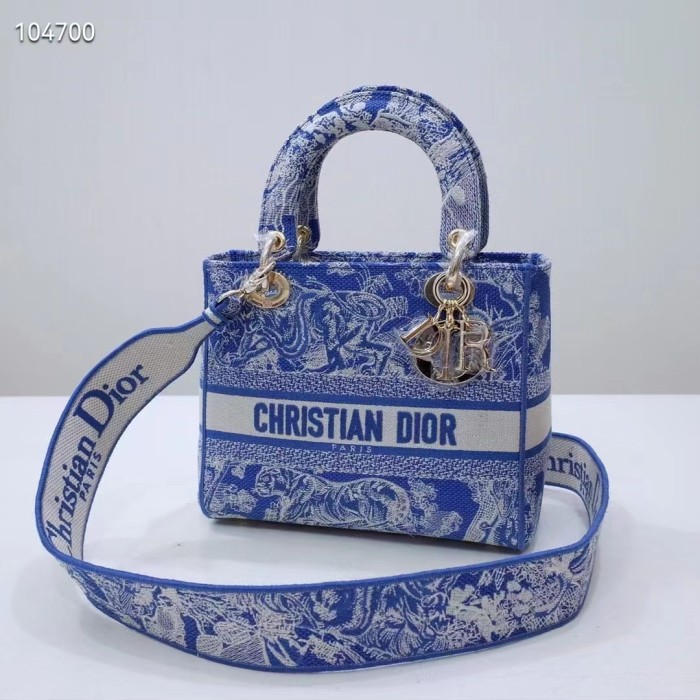 Dior Women Medium Lady D-Lite Bag Fluorescent Blue Toile De Jouy Reverse Embroidery