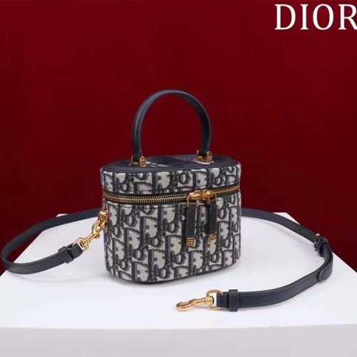 Dior Women Small CD Signature Vanity Case Blue Oblique Jacquard Leather Handle