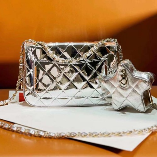 Chanel Women CC 22 Mini Flap Bag Star Coin Purse Mirror Metallic Calfskin Gold