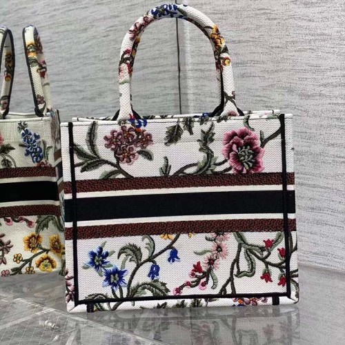Dior Women CD Medium Book Tote White Multicolor Dior Petites Fleurs Embroidery