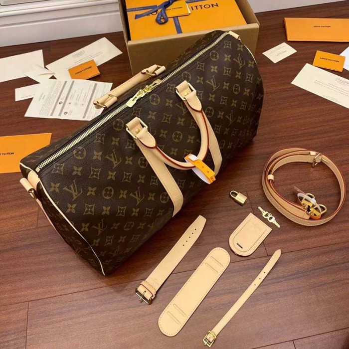 Louis Vuitton LV Unisex Keepall Bandoulière 45 Monogram Canvas Natural Cowhide Leather