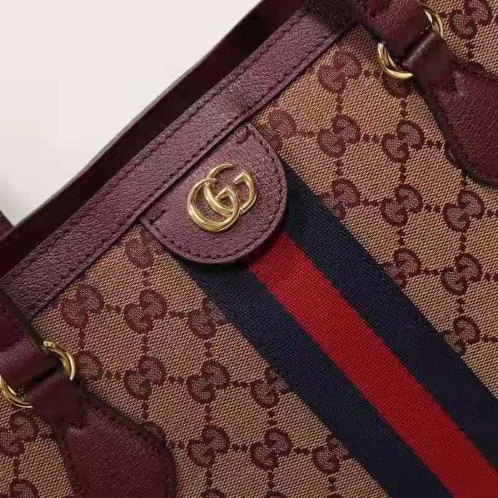 Gucci Unisex Ophidia Medium Tote with Web Beige and Burgundy Original GG Canvas