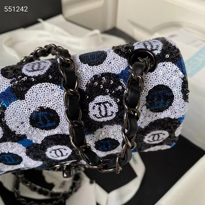Chanel Women CC Small Flap Bag Sequins Ruthenium-Finish Metal Black White Blue