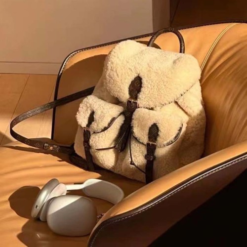 Louis Vuitton LV Unisex Backpack Cream Brown Shearling Monogram-Canvas Textile Lining