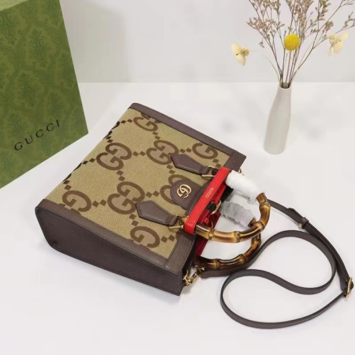 Gucci Unisex Diana Jumbo GG Small Tote Bag Double G Camel Brown Canvas