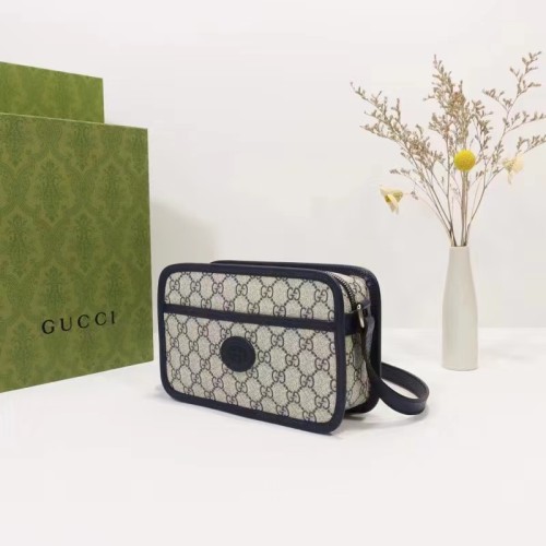 Gucci Unisex GG Shoulder Bag Beige Blue GG Supreme Canvas Leather