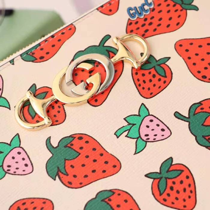 Gucci GG Women Gucci Zumi Strawberry Print Pouch in Ivory Leather