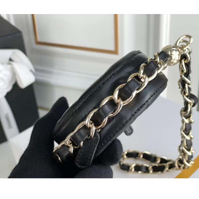Chanel Women Chain Handbag Goatskin Leather Gold-Tone Metal Black