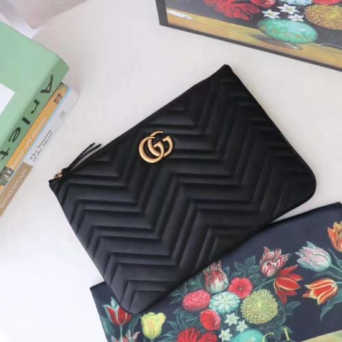 Gucci GG Women GG Marmont Leather Pouch in Black Matelassé Chevron Leather with Heart