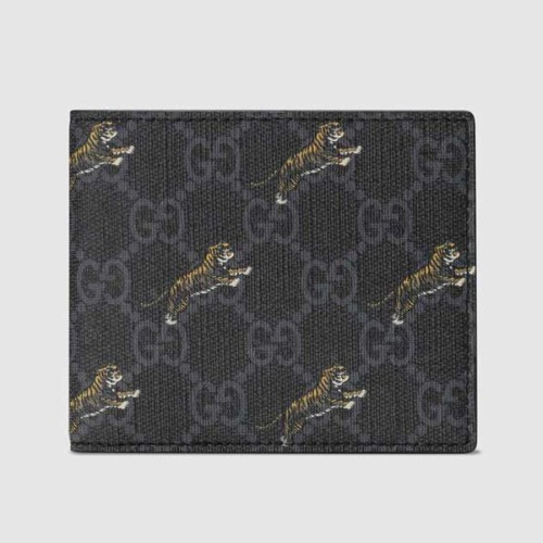 Gucci GG Men GG Wallet with Tiger Print in Black/Grey GG Supreme Canvas