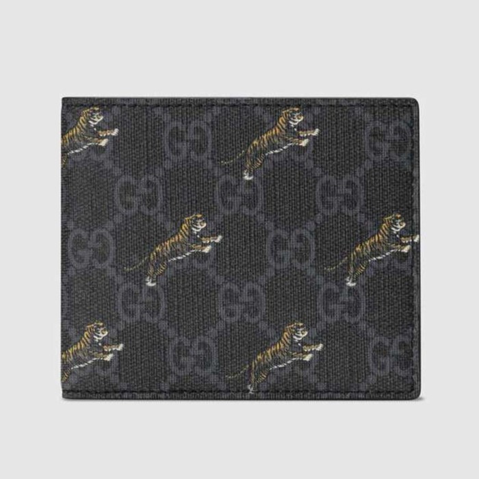 Gucci GG Men GG Wallet with Tiger Print in Black/Grey GG Supreme Canvas