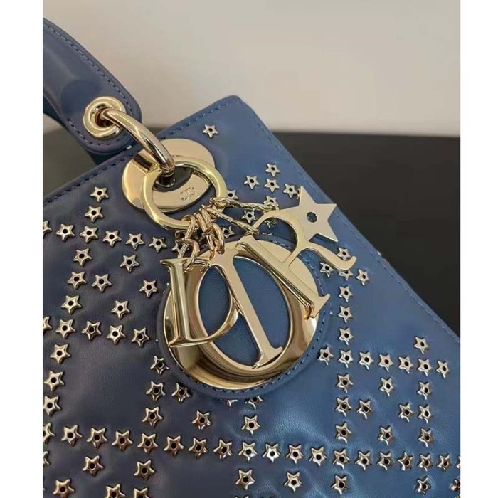 Dior Women CD Mini Lady Dior Bag Denim Blue Lucky Star Cannage Lambskin