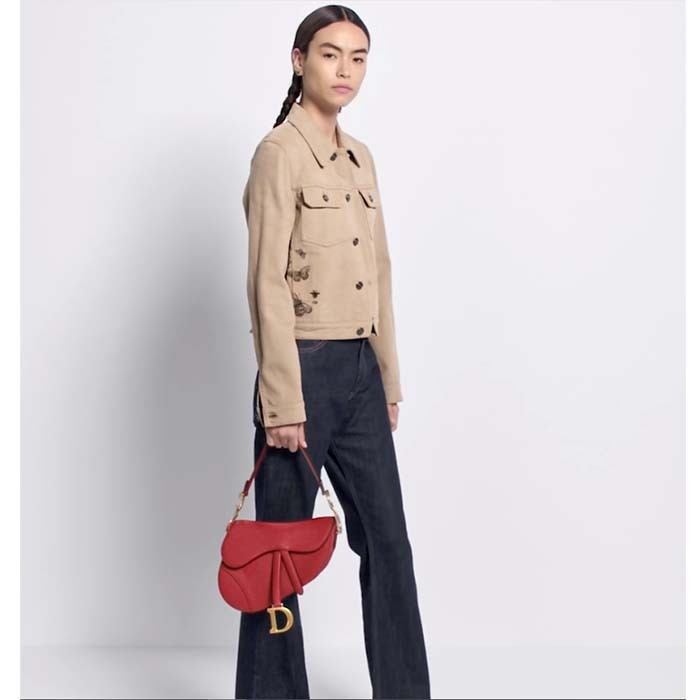 Dior Women CD Saddle Bag Strap Amaryllis Red Grained Calfskin