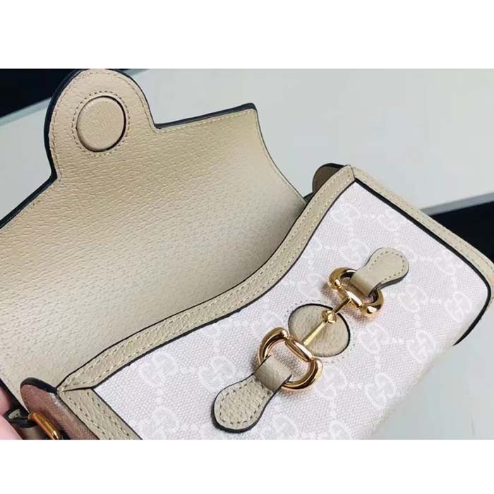 Gucci Women GG Horsebit 1955 Mini Bag Beige White GG Supreme Canvas