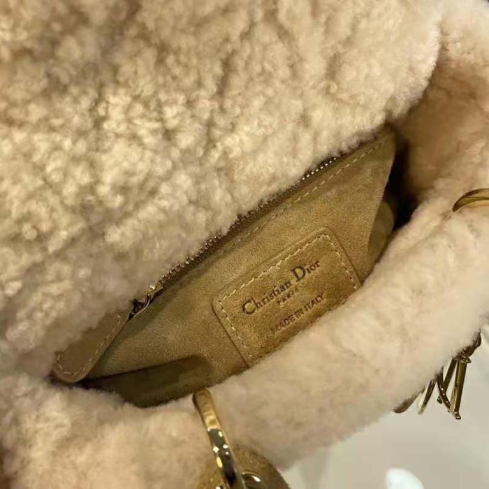 Dior Women Mini Lady Dior Bag Camel-Colored Cannage Shearling
