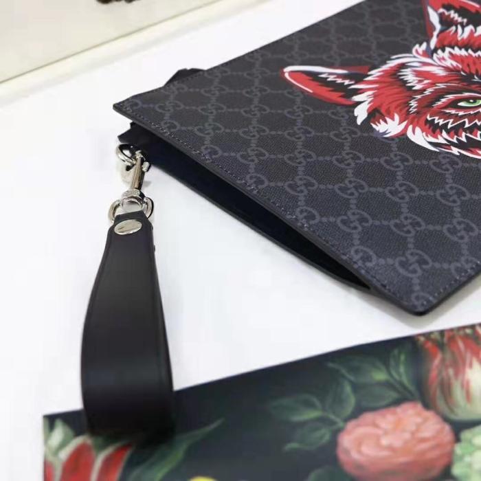 Gucci GG Men Gucci Bestiary Pouch with Wolf in Black and Grey GG Supreme Canvas