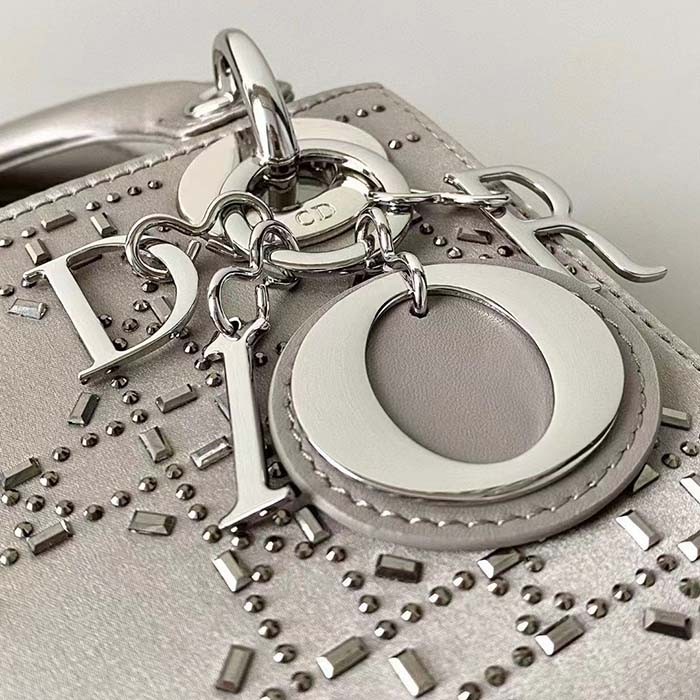 Dior Women CD Mini Lady Dior Bag Platinum Metallic Cannage Lambskin Beaded Embroidery