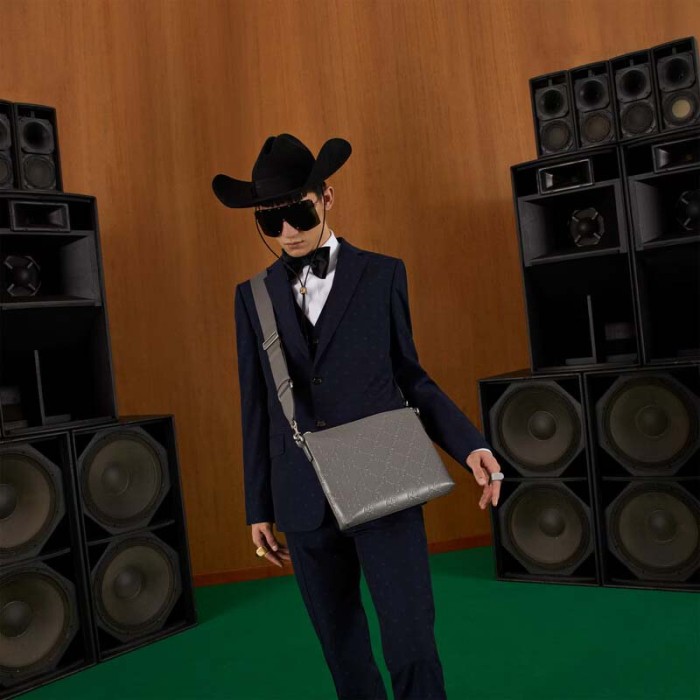 Gucci Unisex GG Embossed Medium Messenger Bag Grey Leather