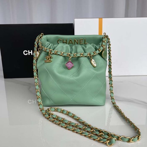 Chanel Women CC Small Bucket Bag Lambskin Resin Gold-Tone Metal Light Green