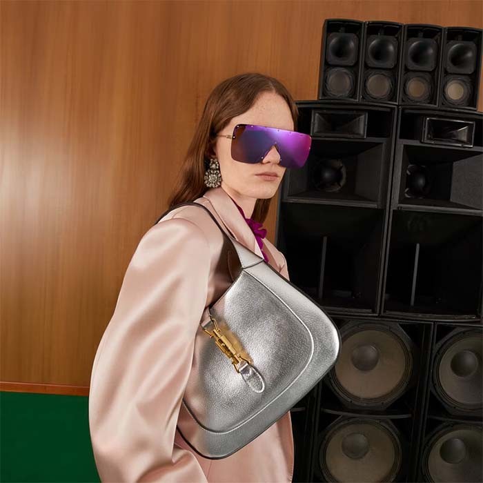 Gucci Women GG Jackie 1961 Small Lamé Shoulder Bag Silver Lamé Leather