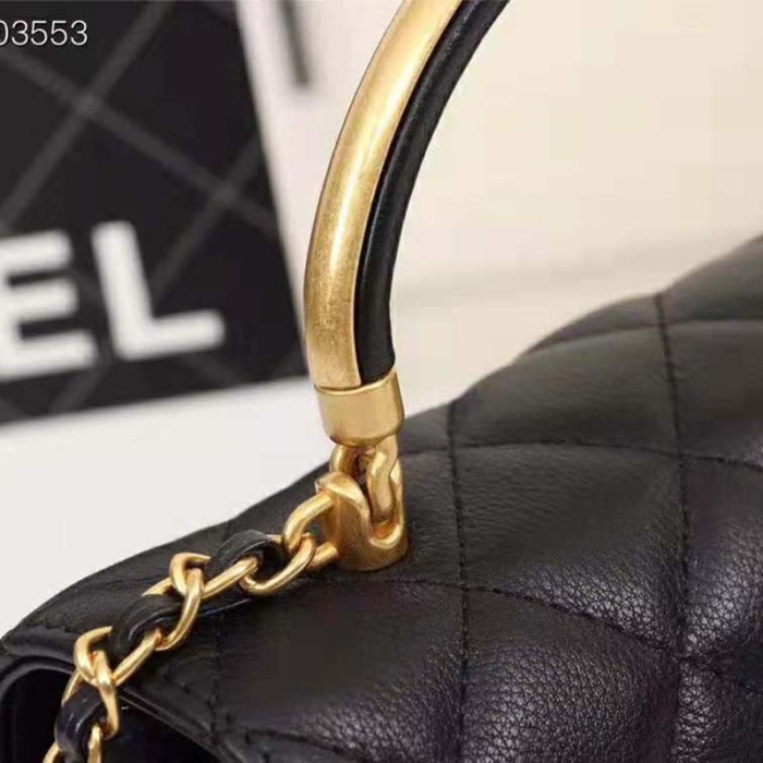 Chanel Women Organ Bag with Top Handle in Embossed Calfskin Leather-Black