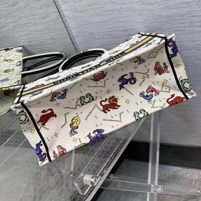 Dior Women CD Large Dior Book Tote Latte Multicolor Dior Pixel Zodiac Embroidery