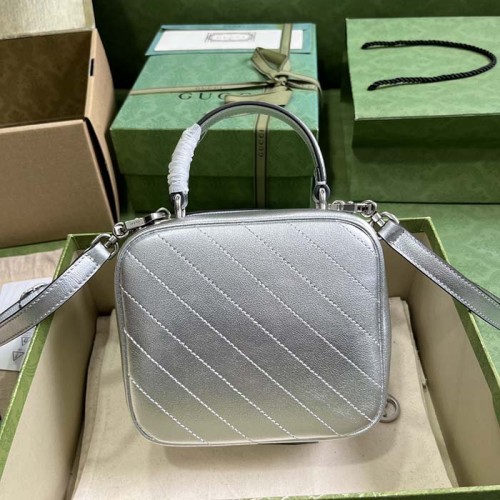 Gucci Women GG Blondie Top Handle Bag Metallic Silver Leather Round Interlocking G