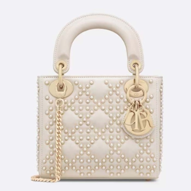 Dior Women CD Mini Lady Bag Latte Crinkle-Effect Lambskin White Resin Half-Pearl Cannage