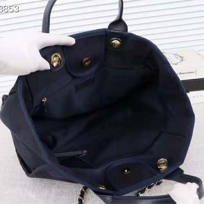 Chanel Women Large Shopping Bag in Mixed Fibers and Lurex Canvas-Navy