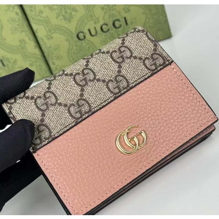 Gucci Unisex GG Marmont Card Case Wallet Double G Beige Ebony GG Supreme Canvas Pink Leather Style ‎658610 17WAG 5788