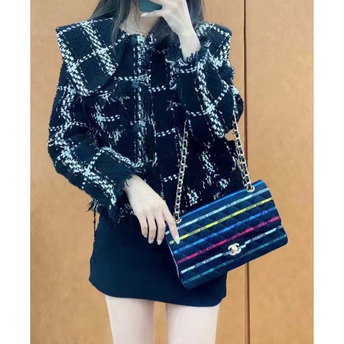 Chanel Women CC Classic Handbag Cotton Gold-Tone Metal Black Multicolor