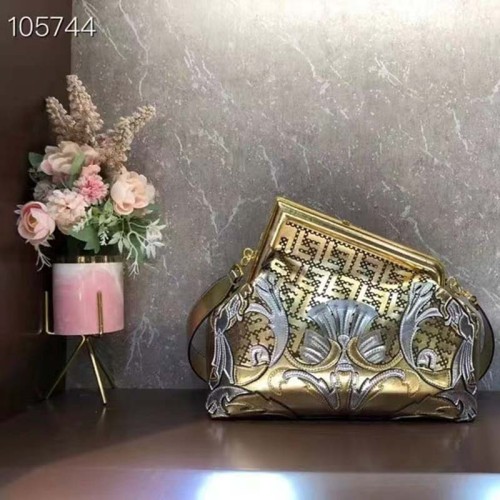 Fendi Women FF Fendi First Medium Fendace Gold-Colored Leather Bag Appliqués