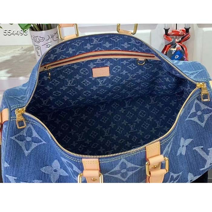 Louis Vuitton LV Unisex Keepall Bandoulière 45 Bleu Denim GOTS Certified Cotton Monogram Denim Canvas M24315