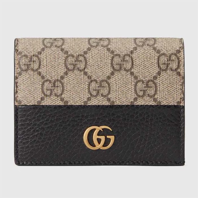 Gucci Unisex GG Marmont Card Case Wallet Double G Beige Ebony GG Supreme Canvas Black Leather Style 658610 17WAG 1283