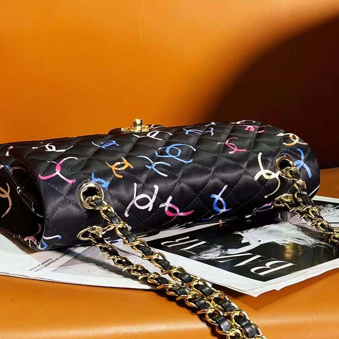 Chanel Women CC Classic 11.12 Handbag Printed Fabric Gold-Tone Metal Black Multicolor
