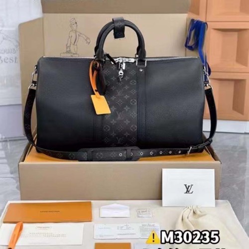 Louis Vuitton LV Unisex Keepall 50 Bandoulière Black Cabin-Size Taiga Cowhide Leather Monogram Eclipse Coated Canvas