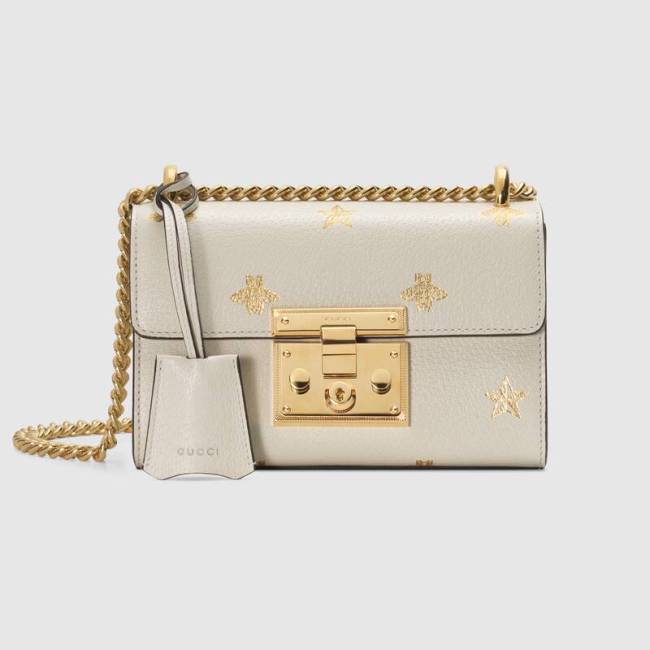 Gucci Women Padlock Gold Bee Star Small Shoulder Bag Textured Leather