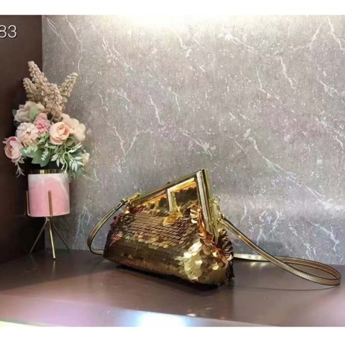 Fendi Women FF First Small Gold Colored Leather Sequinned Bag