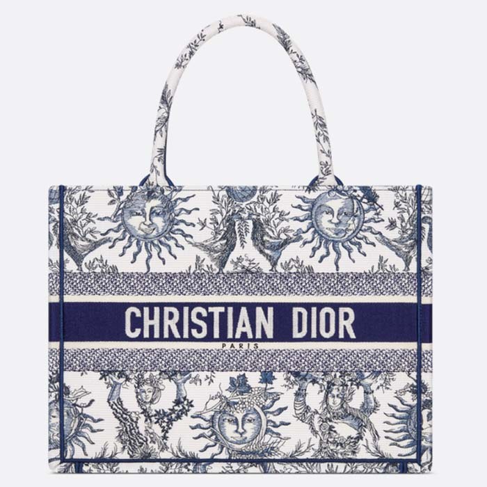 Dior Unisex Medium Book Tote White Navy Blue Toile De Jouy Soleil Embroidery