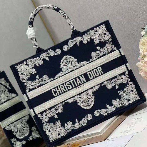 Dior Women Large Dior Book Tote Blue and White Cornely-Effect Embroidery