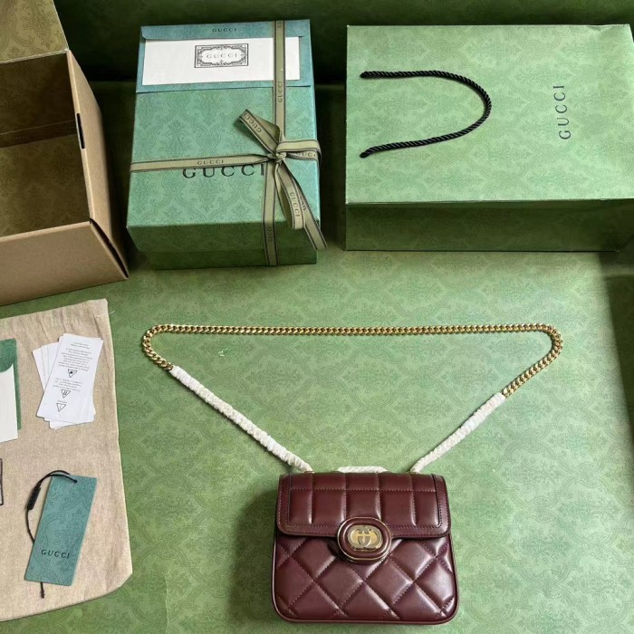 Gucci Women GG Deco Mini Shoulder Bag Dark Red Quilted Leather Interlocking G