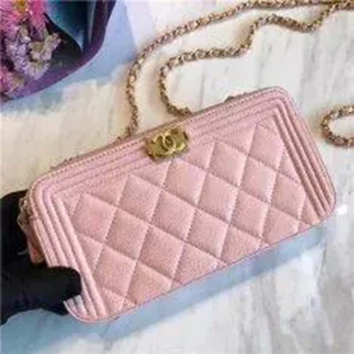 Chanel Women Boy Chanel Pink Long Zipped Wallet Grained Calfskin Leather