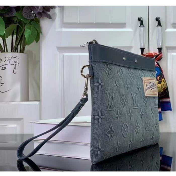 Louis Vuitton LV Unisex Pochette To Go Monogram Washed Denim Coated Canvas Cowhide Leather