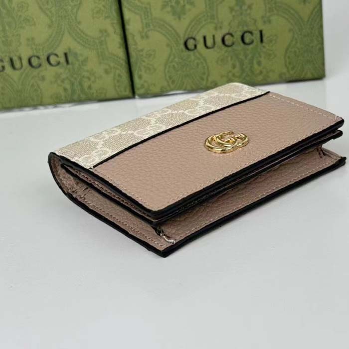 Gucci Unisex GG Marmont Card Case Wallet Double G Beige White GG Supreme Canvas Pink Leather Style ‎658610 AACFE 9543