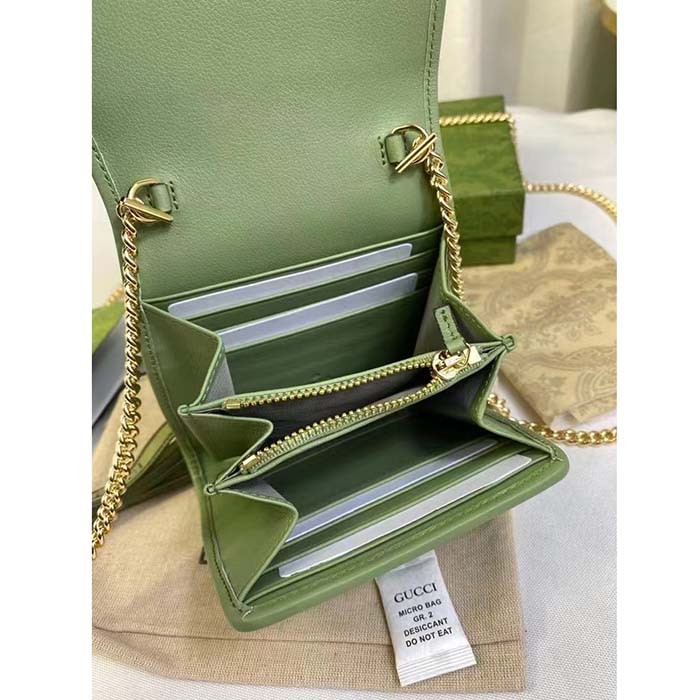 Gucci Women GG Blondie Medium Chain Wallet Green Leather Round Interlocking G