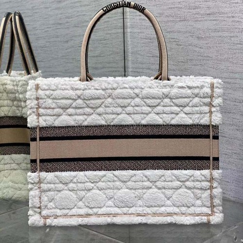 Dior Women CD Medium Book Tote Ice Cannage Shearling Christian Dior Paris Signature