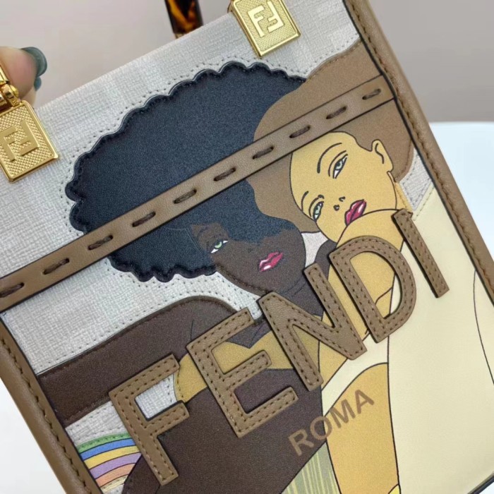 Fendi Women Mini Sunshine Shopper White FF Printed Fabric Mini Bag