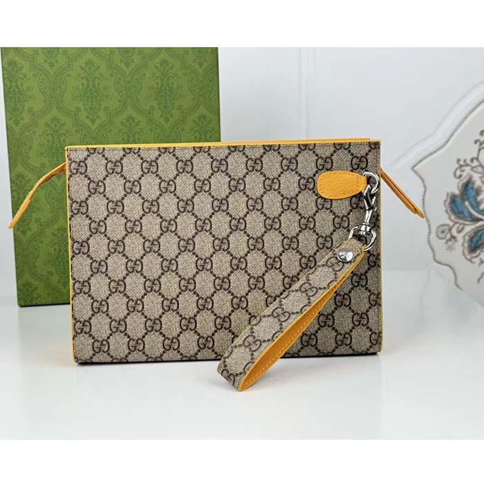 Gucci Unisex Pouch GG Detail Beige Ebony GG Supreme Canvas Yellow Leather Style ‎768255 FACQC 9750