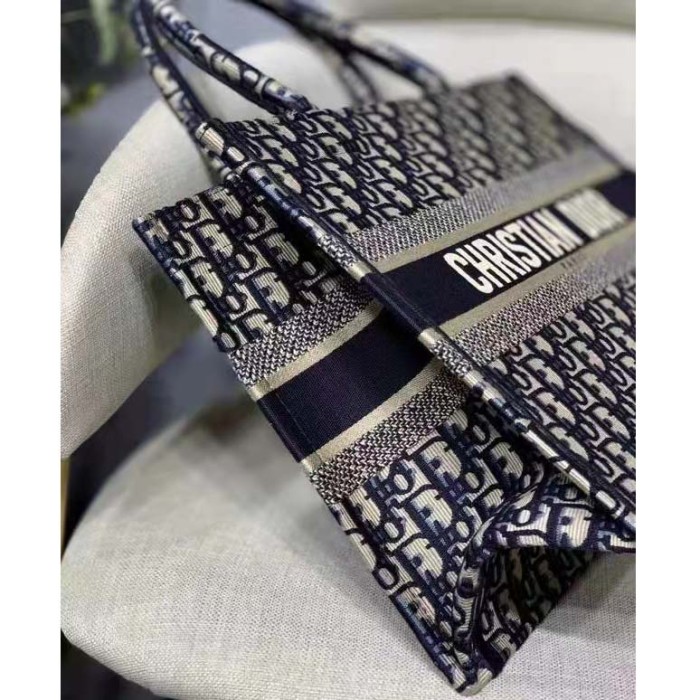 Dior Unisex CD Medium Book Tote Navy Blue Dior Oblique Embroidery